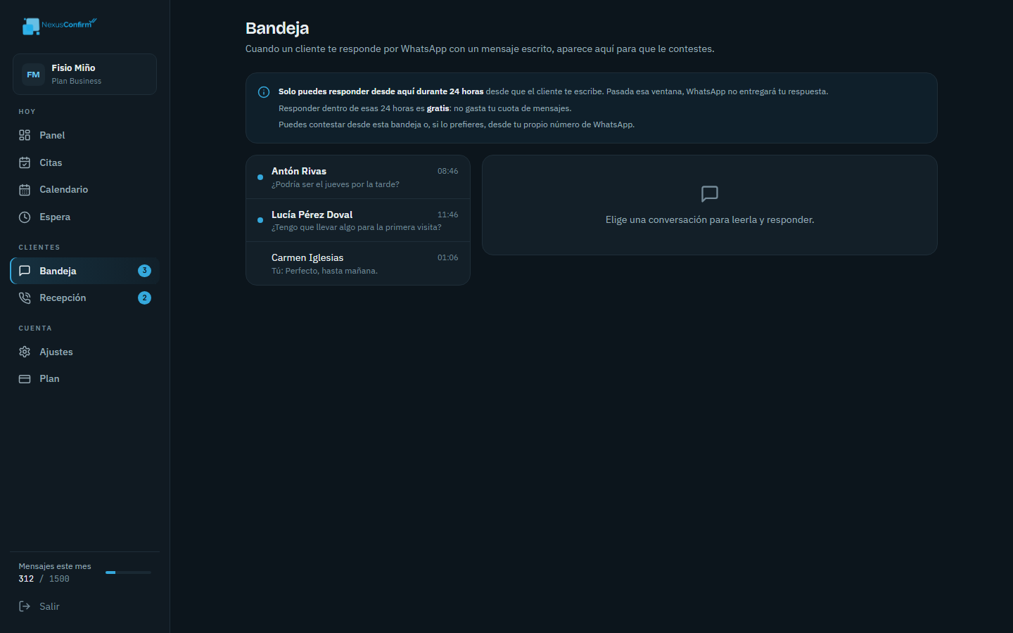 Bandeja de conversaciones de WhatsApp con el aviso de la ventana de 24 horas